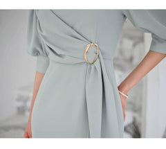 Metal Buckle Sash Detail Lantern Sleeves Dress