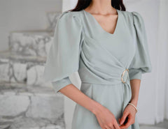 Metal Buckle Sash Detail Lantern Sleeves Dress