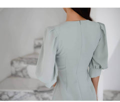 Metal Buckle Sash Detail Lantern Sleeves Dress