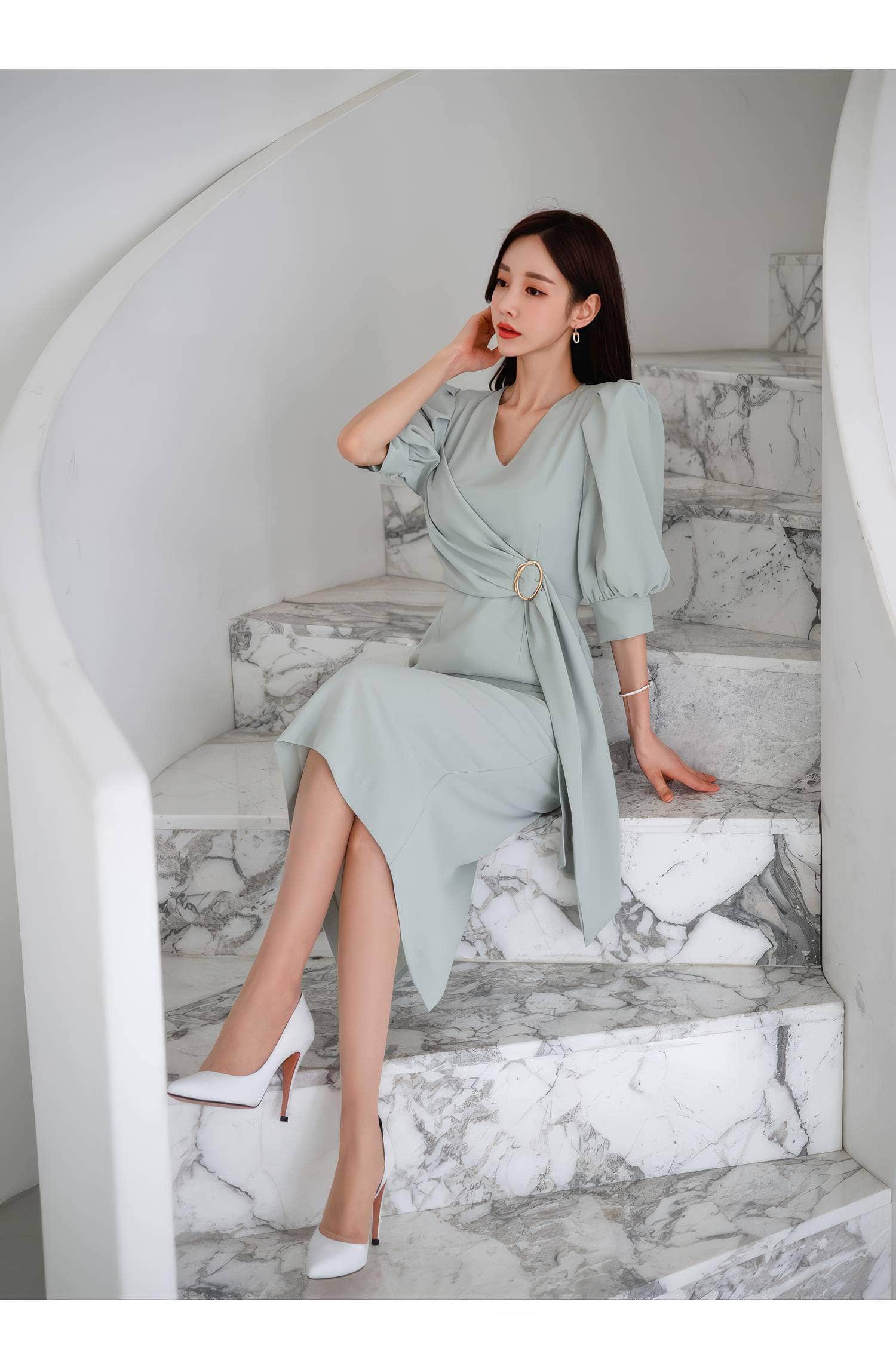 Metal Buckle Sash Detail Lantern Sleeves Dress