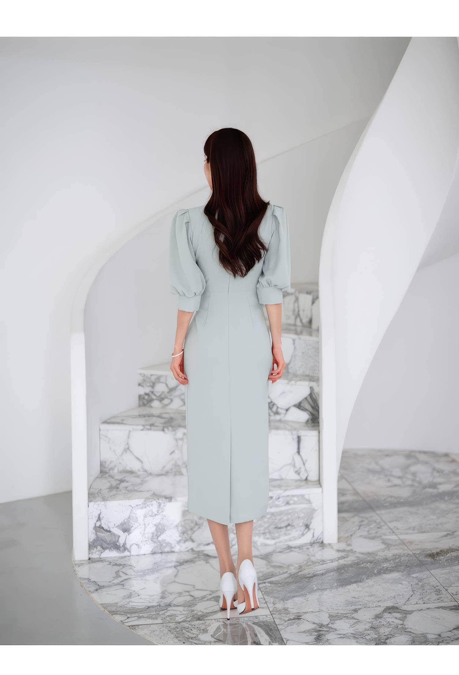 Metal Buckle Sash Detail Lantern Sleeves Dress