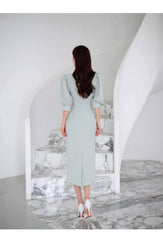 Metal Buckle Sash Detail Lantern Sleeves Dress