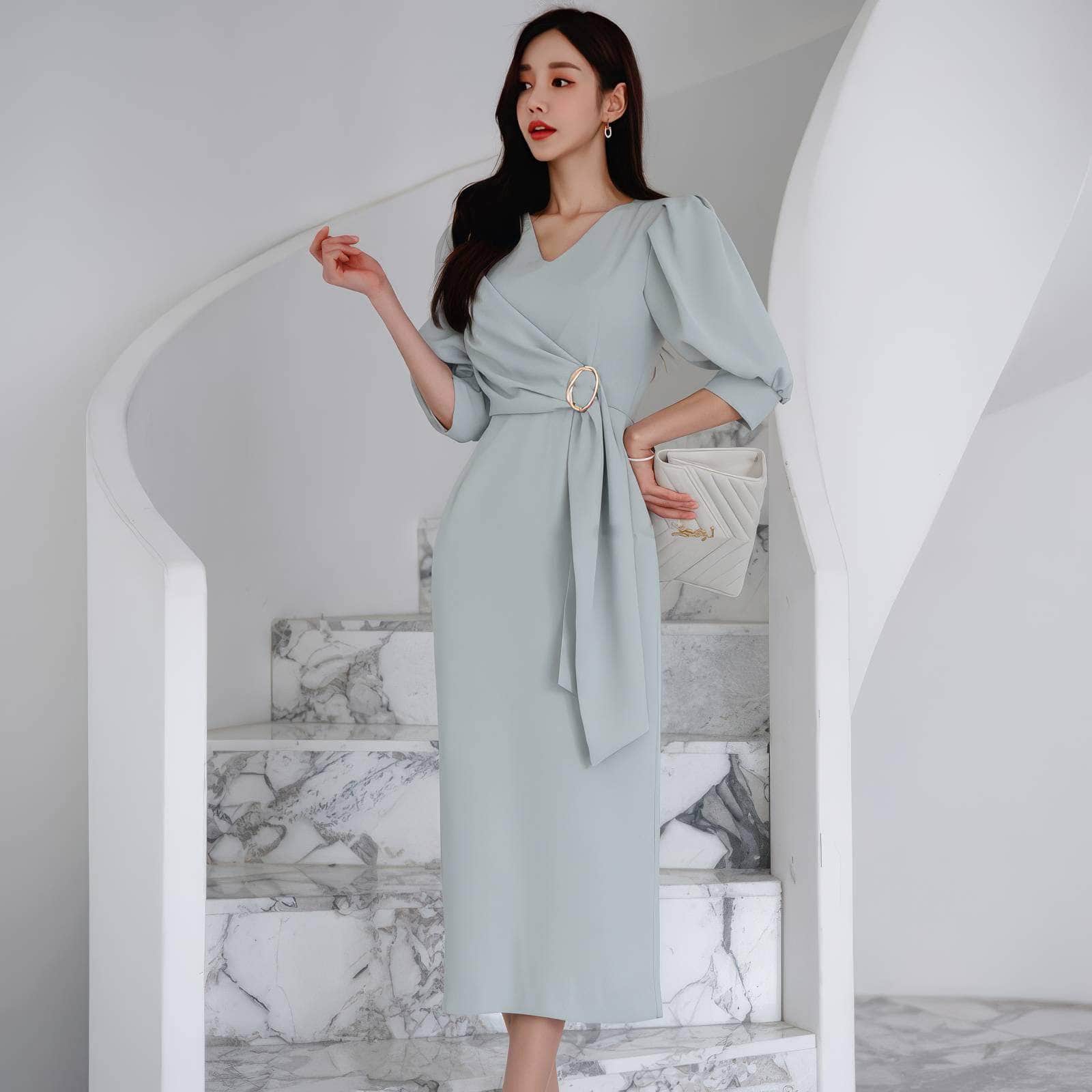 Metal Buckle Sash Detail Lantern Sleeves Dress