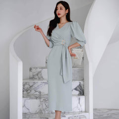 Metal Buckle Sash Detail Lantern Sleeves Dress