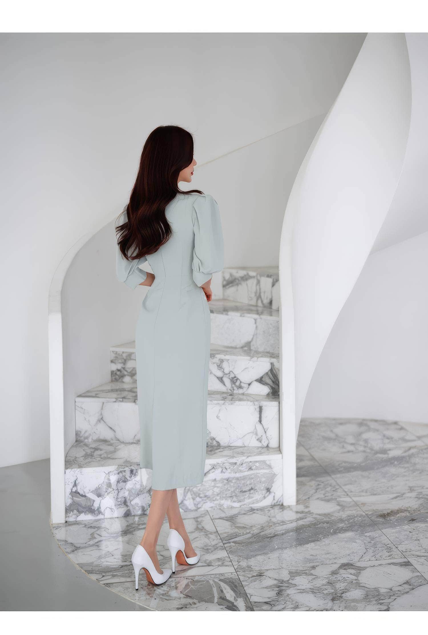 Metal Buckle Sash Detail Lantern Sleeves Dress