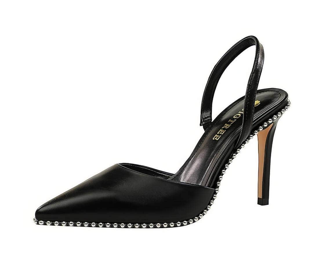 Metallic Ball Embellished Pointed Toe Open Back Heels