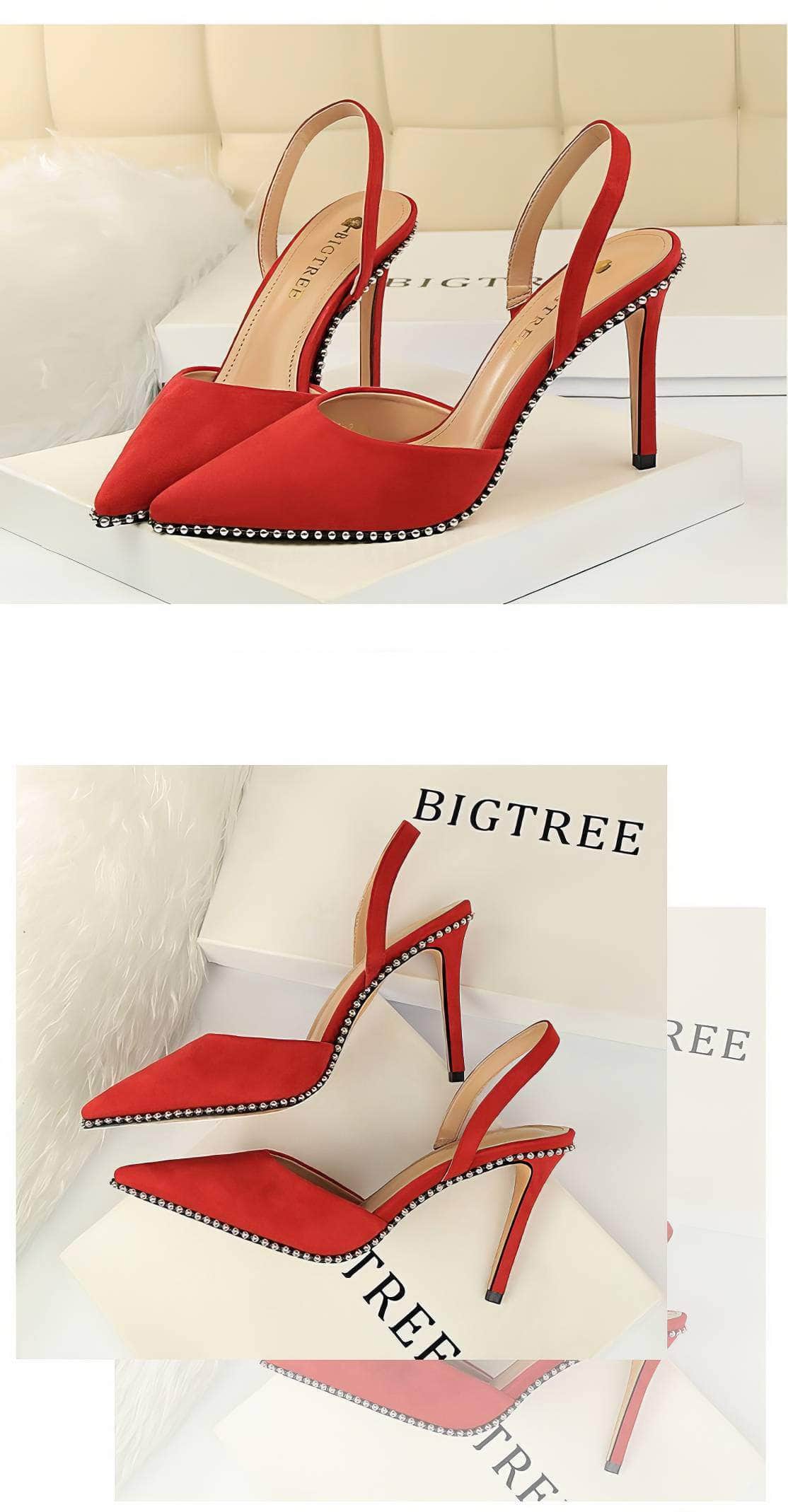 Metallic Ball Embellished Pointed Toe Open Back Heels