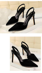 Metallic Ball Embellished Pointed Toe Open Back Heels