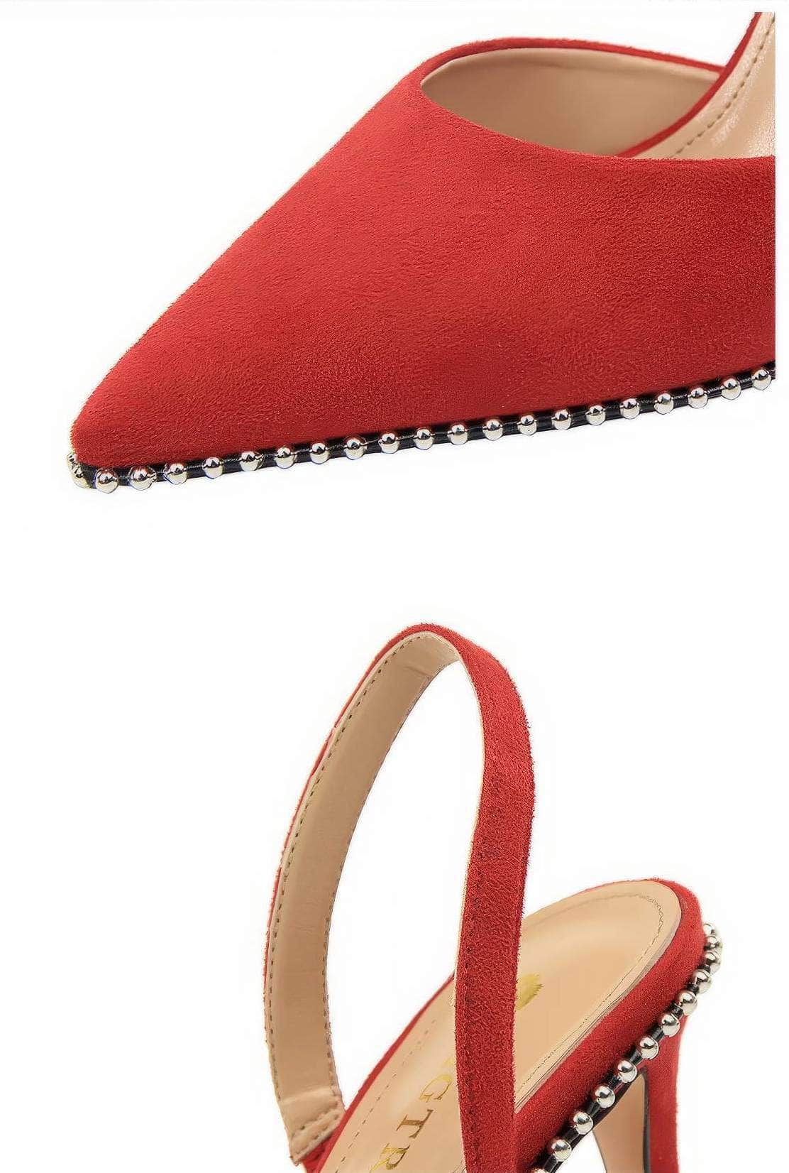 Metallic Ball Embellished Pointed Toe Open Back Heels