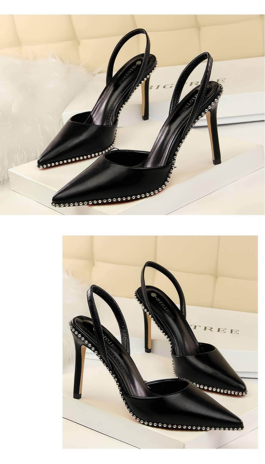 Metallic Ball Embellished Pointed Toe Open Back Heels