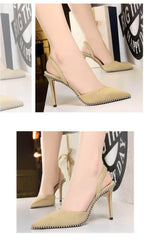 Metallic Ball Embellished Pointed Toe Open Back Heels