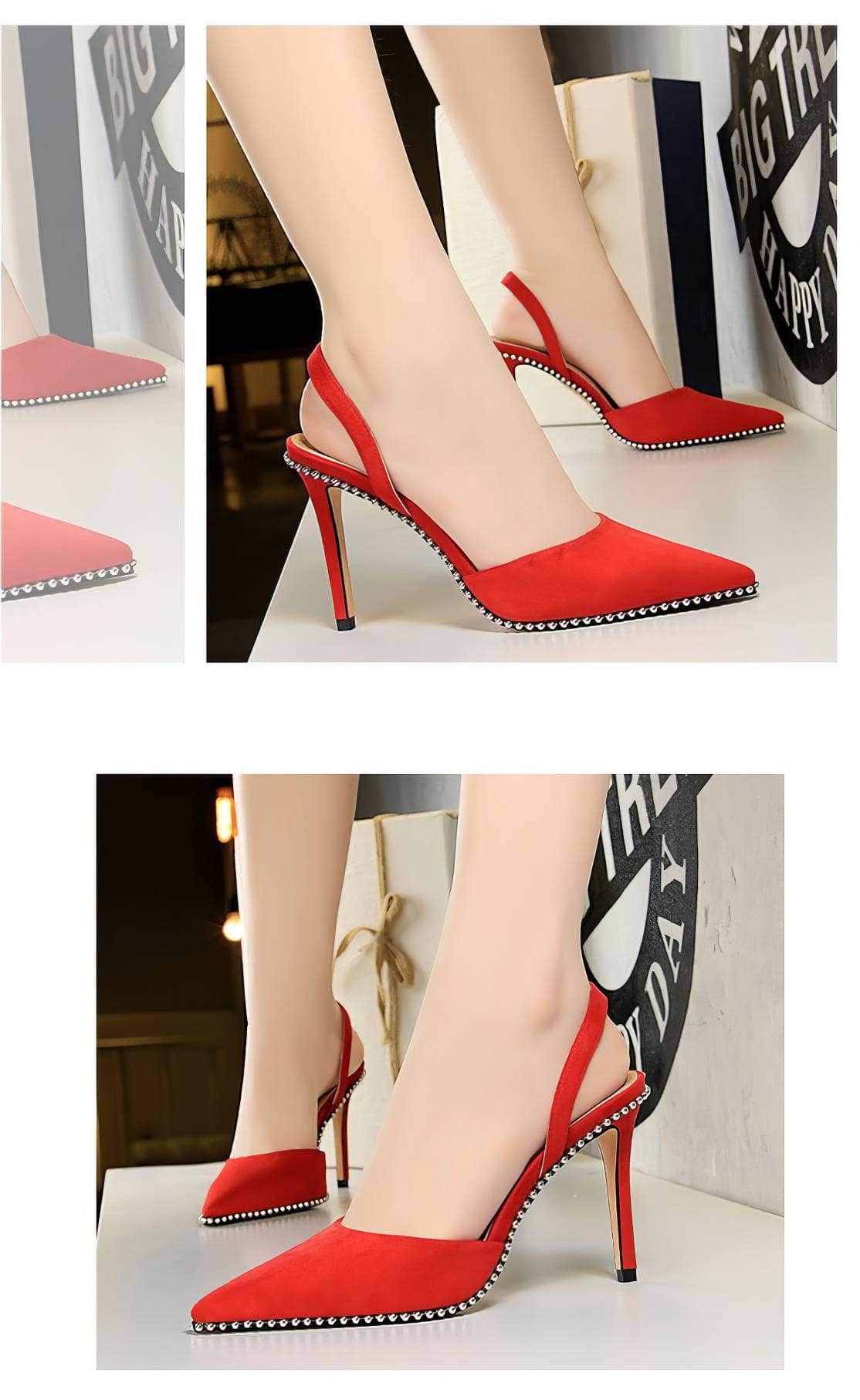 Metallic Ball Embellished Pointed Toe Open Back Heels