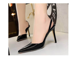 Metallic Ball Embellished Pointed Toe Open Back Heels