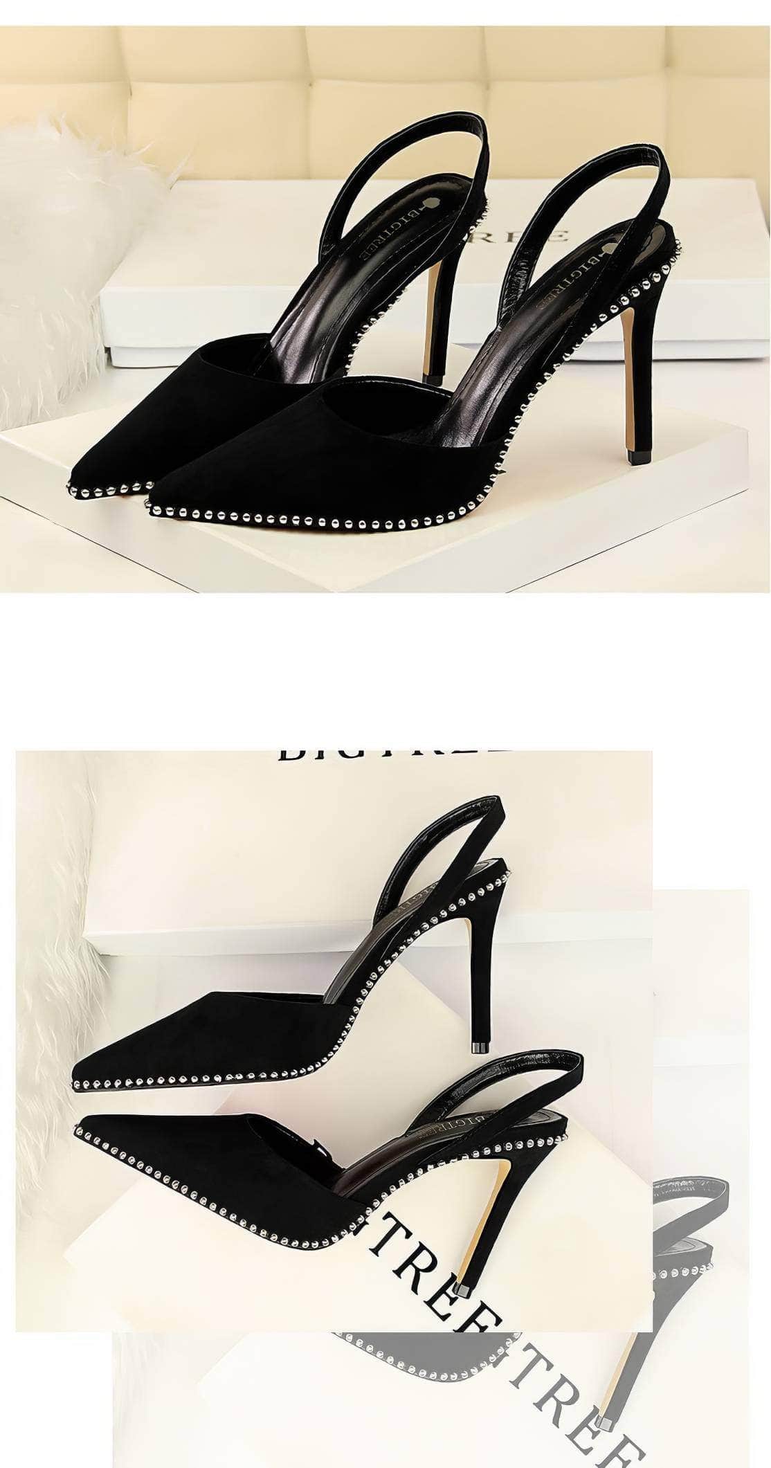 Metallic Ball Embellished Pointed Toe Open Back Heels