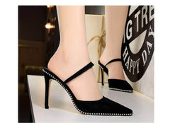 Metallic Ball Embellished Pointed Toe Open Back Heels