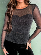 Metallic Glitter Mesh Long Sleeve Top Black / S
