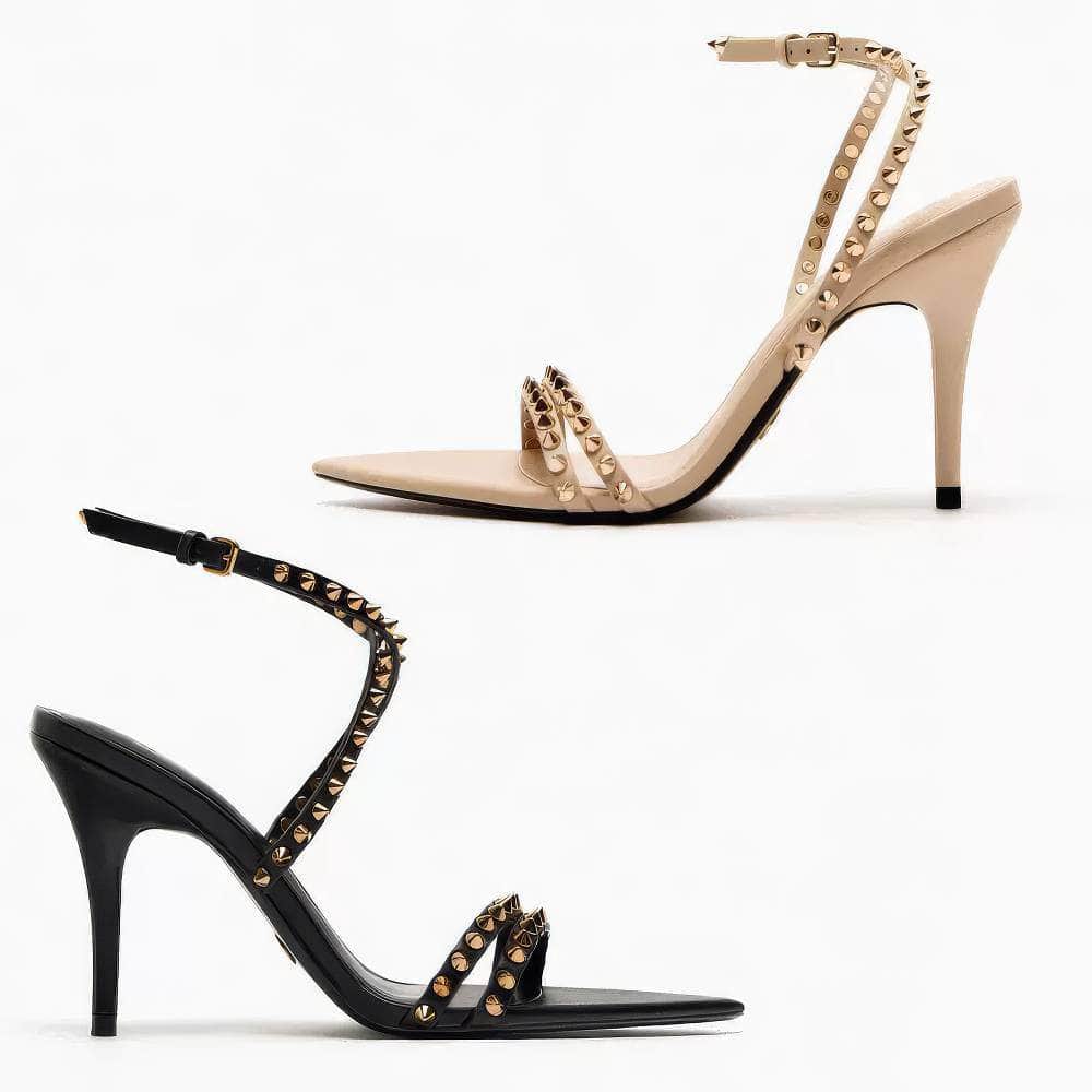 Mid Low Open Toes Stiletto Rivet Studded Heels