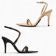 Mid Low Open Toes Stiletto Rivet Studded Heels