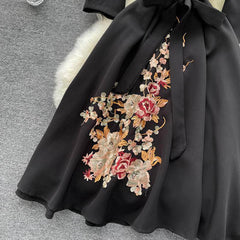 Mid-Sleeve Floral Embroidered Vintage Midi Dress