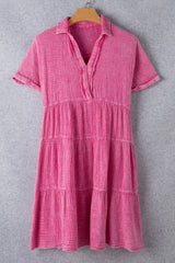 Mineral Wash Crinkle Split Neck Raw Hem Tiered Dress