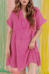 Mineral Wash Crinkle Split Neck Raw Hem Tiered Dress Hot Pink / S