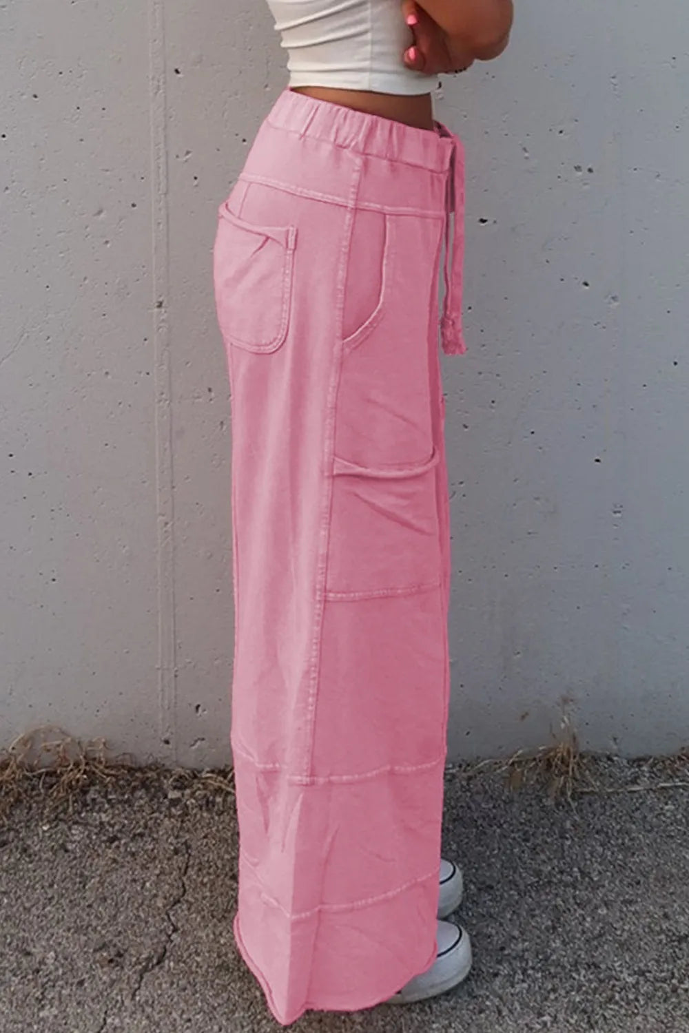 Mineral Wash Exposed Seam Drawstring High Waist Wide Leg Cargo Pants