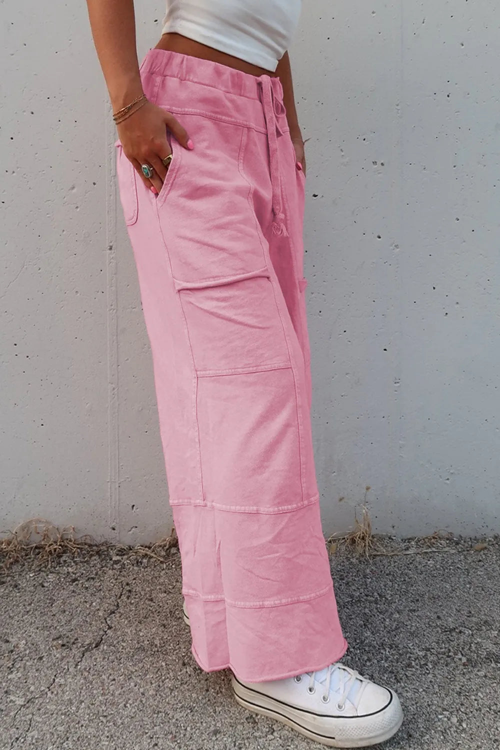 Mineral Wash Exposed Seam Drawstring High Waist Wide Leg Cargo Pants