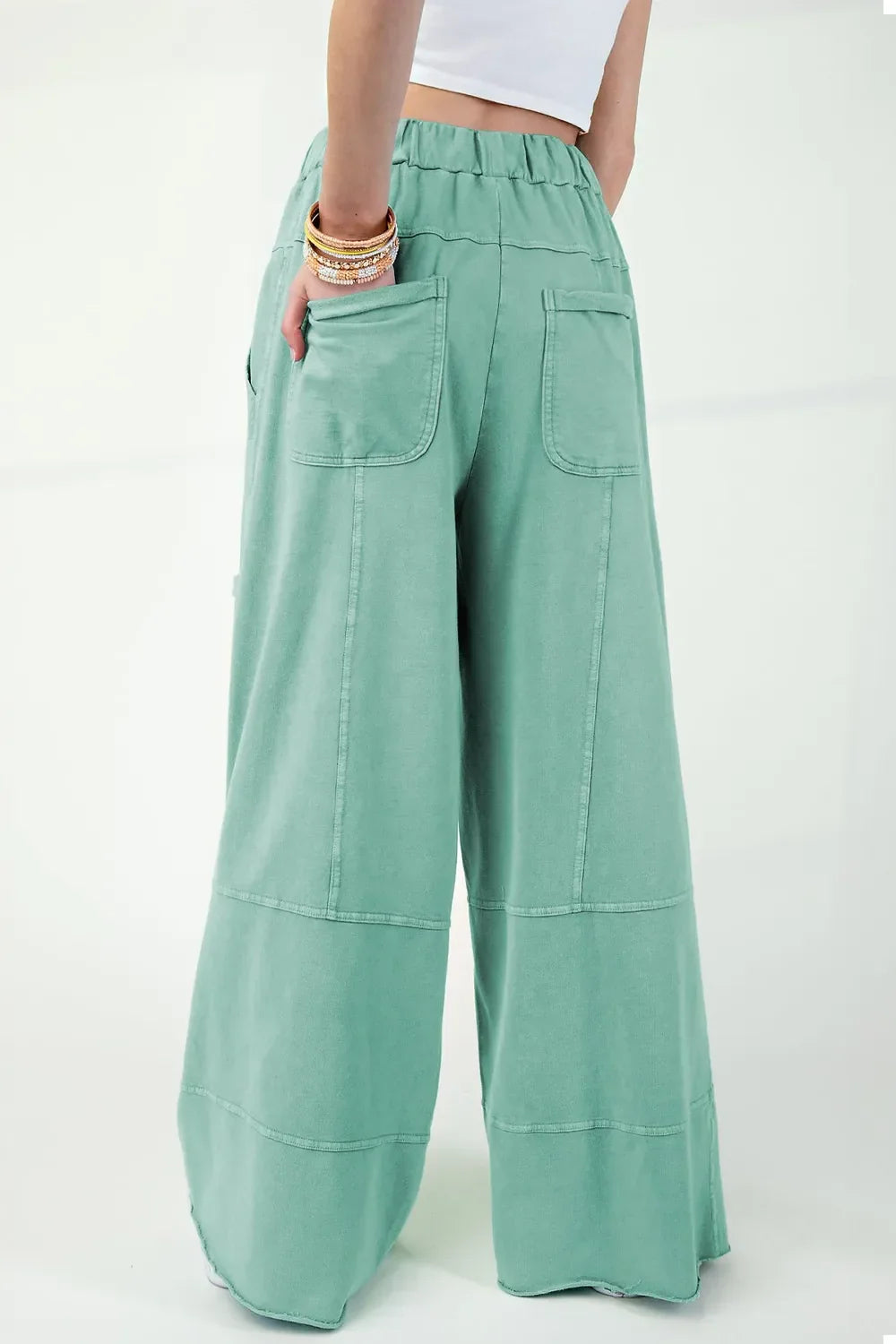 Mineral Wash Exposed Seam Drawstring High Waist Wide Leg Cargo Pants