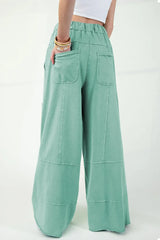 Mineral Wash Exposed Seam Drawstring High Waist Wide Leg Cargo Pants