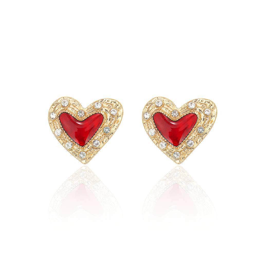 Minimalist Rhinestone Heart Stud Enamel Earrings Red / Clip On