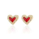 Minimalist Rhinestone Heart Stud Enamel Earrings Red / Clip On