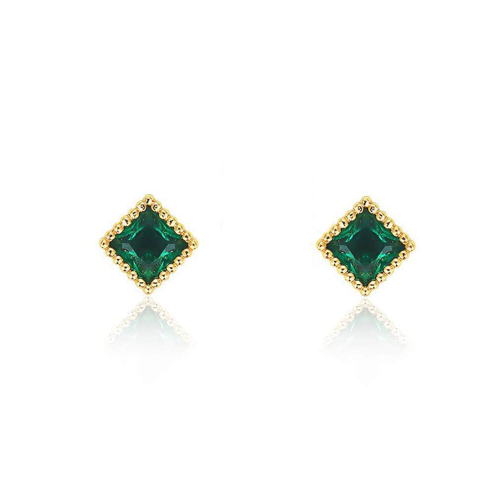 Minimalist Square Studded Crystal Emerald Earrings Green / Clip On