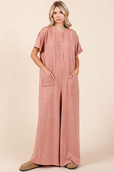 Mittoshop Button Detail Short Sleeve Wide Leg Jumpsuit Ginger / L