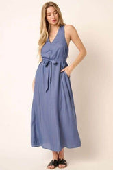 Mittoshop Cross Back Belted V Neck Tank Maxi Dress Dusty Blue / S
