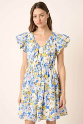 Mittoshop Floral V-Neck Cap Sleeve Mini Dress Blue / L