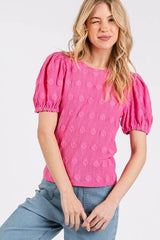 Mittoshop Flower Pattern Round Neck Short Sleeve Top Hot Pink / M