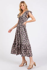 Mittoshop Flower Print Ruffle Cap Sleeve V-neck Midi Dress