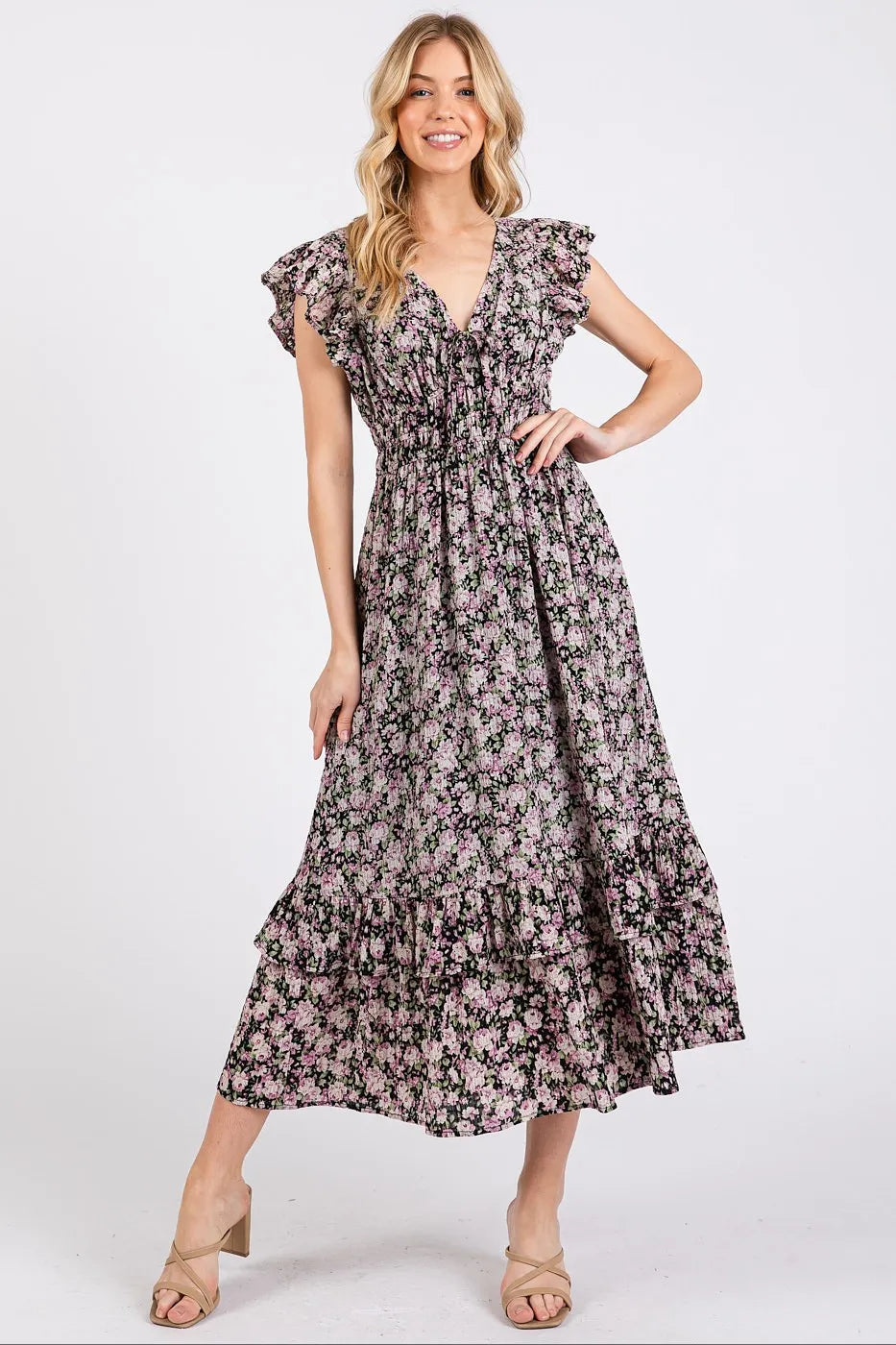 Mittoshop Flower Print Ruffle Cap Sleeve V-neck Midi Dress BLACK / S