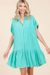 Mittoshop Linen Blend Button Down Shirt Mini Dress Tiffany Blue / S