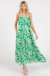 Mittoshop Printed V-Neck Maxi Cami Dress with Pockets Kelly Green / S