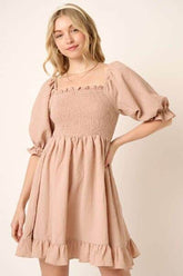 Mittoshop Smocked Ruffled Hem Half Sleeve Mini Dress Taupe / S