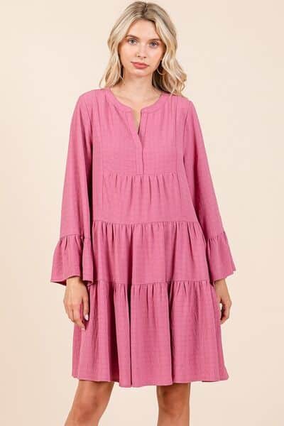 Mittoshop Tiered Notched Flare Sleeve Dress Rose / S