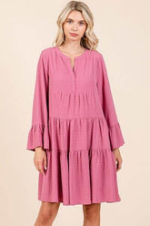 Mittoshop Tiered Notched Flare Sleeve Dress Rose / S