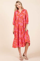 Mittoshop Tiered Printed Collared Neck Midi Dress Coral / S