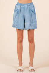 Mittoshop Washed Chambray Elastic Waist Easy Fit Shorts LT DENIM / S