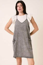 Mittoshop Washed Patch Pocket Mini Cami Denim Dress Gray / S