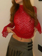 Mock Neck Lace Long Sleeve Mesh T-Shirt