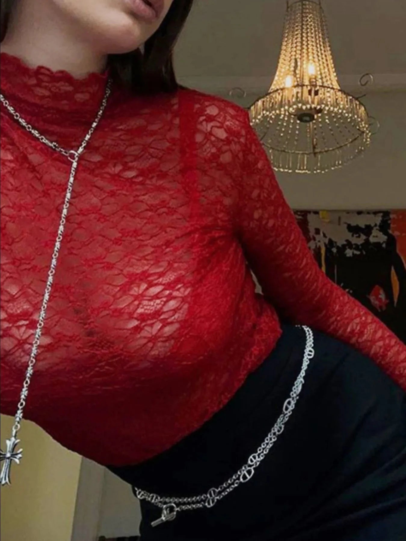 Mock Neck Lace Long Sleeve Mesh T-Shirt