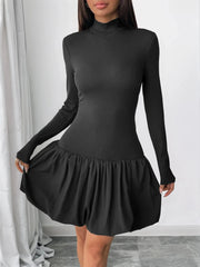 Mock Neck Long Sleeve Bubble Hem Dress Black / S