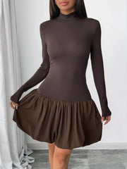 Mock Neck Long Sleeve Bubble Hem Dress Brown / S